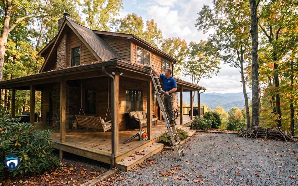 Man on a ladder repairs the roof of a wooden cabin surrounded by autumn trees on a spacious porch.
