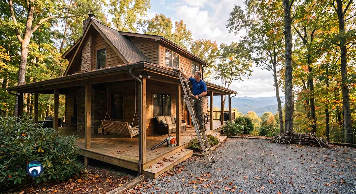 Fall-Storm-Follow-Up-and-Seasonal-Readiness-for-Northeast-Georgia-Getaway-Homes - Property Stewards Man on a ladder repairs the roof of a wooden cabin surrounded by autumn trees on a spacious porch.