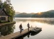 Stone cottage by a lake with a wooden dock; two men walk with fishing rods toward small boats at sunrise. Home Maintenance Concierge Services