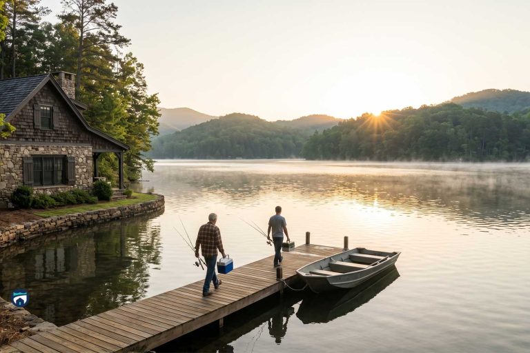Stone cottage by a lake with a wooden dock; two men walk with fishing rods toward small boats at sunrise. Home Maintenance Concierge Services