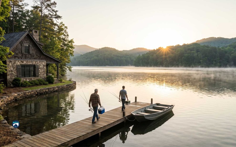 Stone cottage by a lake with a wooden dock; two men walk with fishing rods toward small boats at sunrise. Home Maintenance Concierge Services