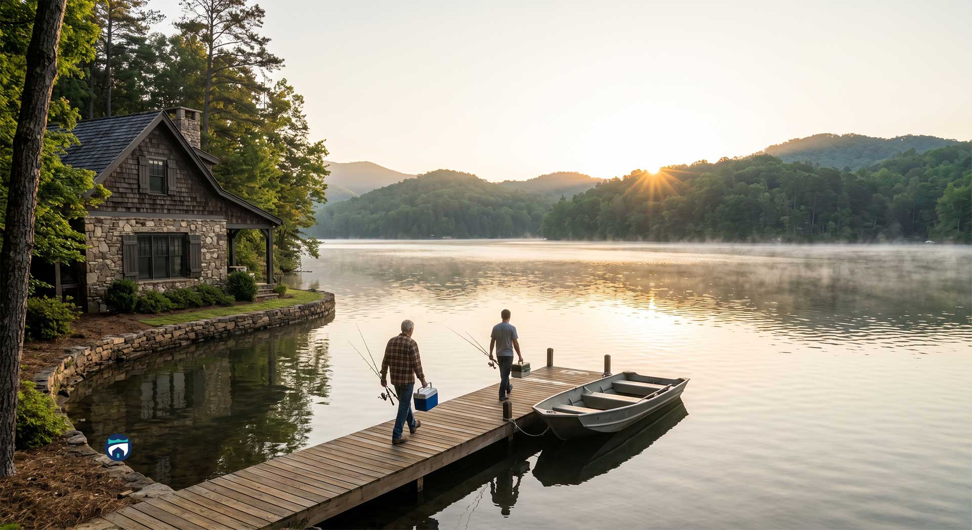 Home-Maintenance-Concierge-Services-in-Northeast-Georgia-Local-Care-for-Getaway-Homes - Property Stewards Stone cottage by a lake with a wooden dock; two men walk with fishing rods toward small boats at sunrise. Home Maintenance Concierge Services