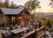 Rustic mountain lodge at sunset with a stone and wood exterior; people sit around a long wooden table on a lit deck, enjoying food and drinks as string lights glow.
