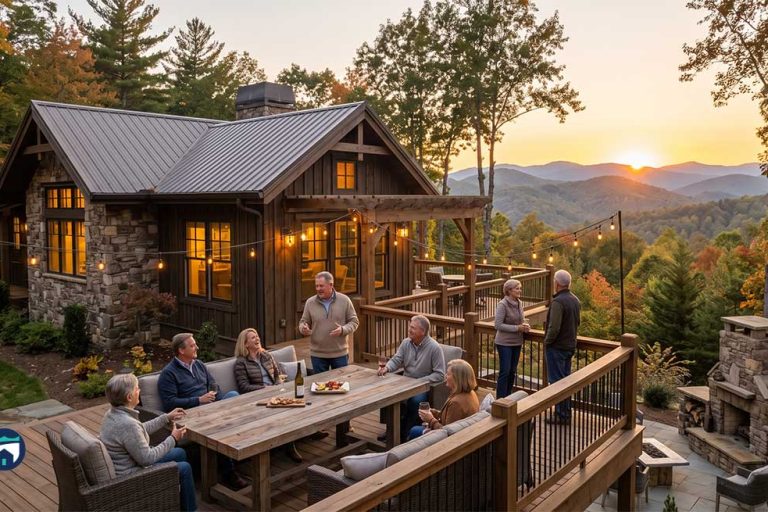 Home Maintenance Concierge for Highlands Mountain Homes Rustic mountain lodge at sunset with a stone and wood exterior; people sit around a long wooden table on a lit deck, enjoying food and drinks as string lights glow.