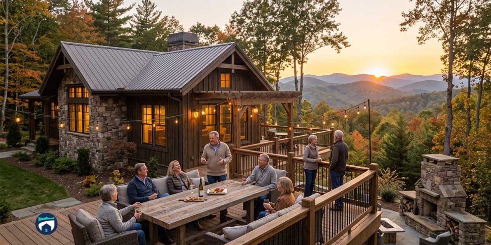 Home Maintenance Concierge for Highlands Mountain Homes Rustic mountain lodge at sunset with a stone and wood exterior; people sit around a long wooden table on a lit deck, enjoying food and drinks as string lights glow.