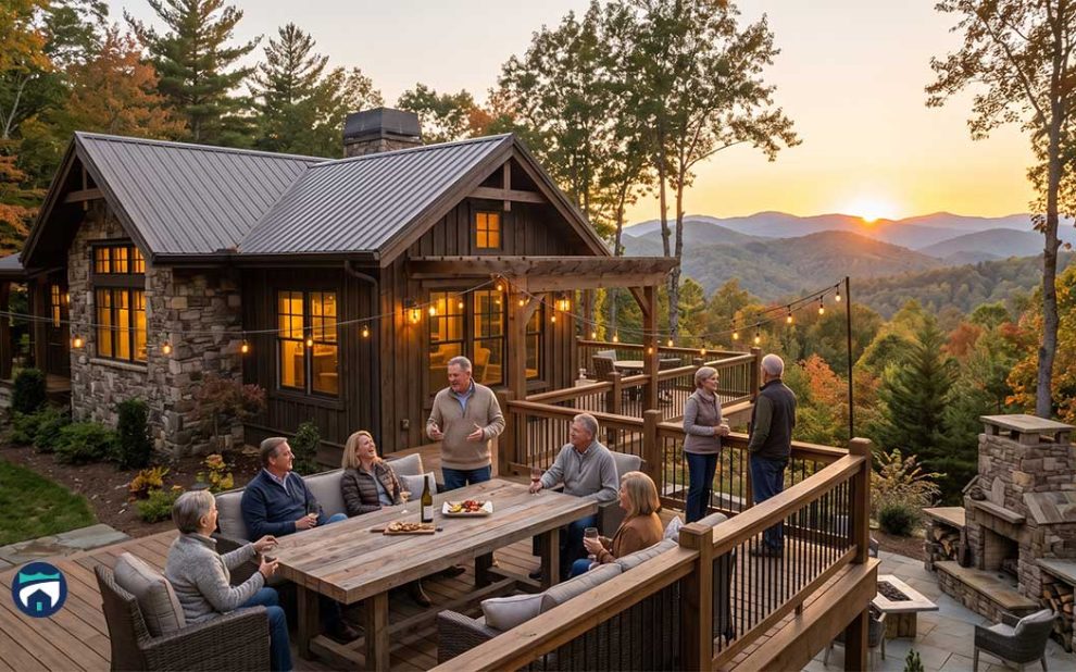 Rustic mountain lodge at sunset with a stone and wood exterior; people sit around a long wooden table on a lit deck, enjoying food and drinks as string lights glow.