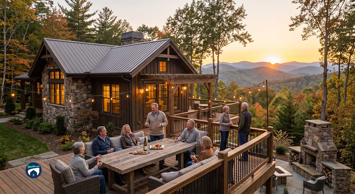 Rustic mountain lodge at sunset with a stone and wood exterior; people sit around a long wooden table on a lit deck, enjoying food and drinks as string lights glow.