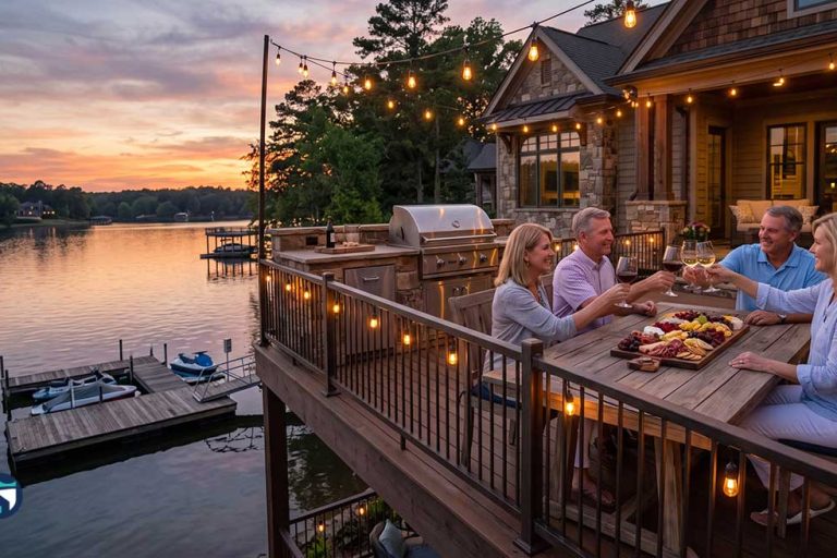 Four adults toast with wine on a lakeside deck at sunset, with string lights and a charcuterie board on the table.
