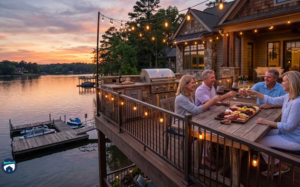 Four adults toast with wine on a lakeside deck at sunset, with string lights and a charcuterie board on the table.