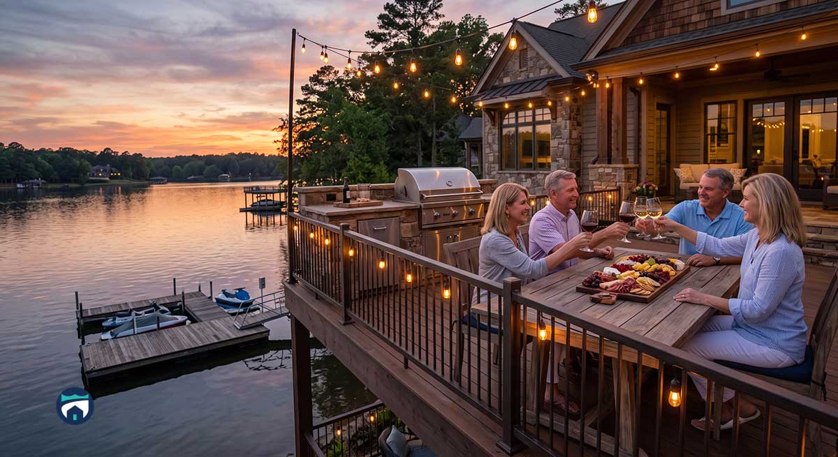 Four adults toast with wine on a lakeside deck at sunset, with string lights and a charcuterie board on the table.