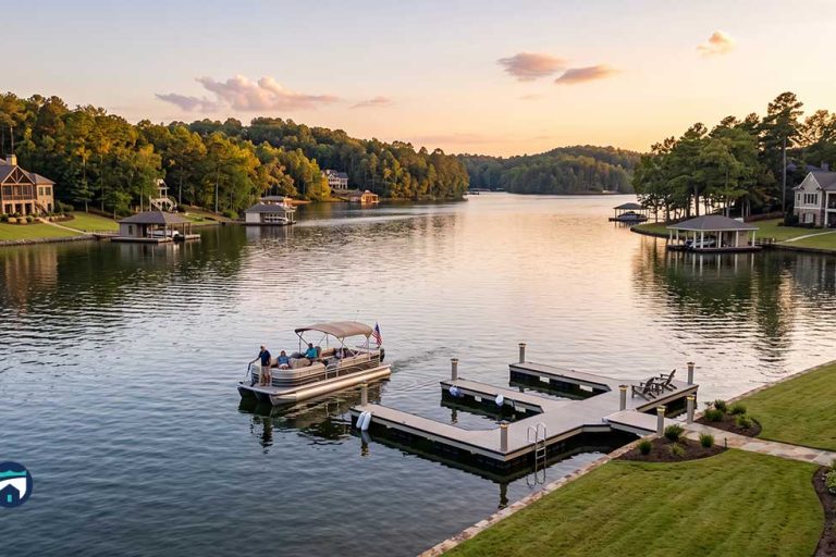 Pontoon boat with people on a calm lake at sunset, with shoreline homes and a wooden dock nearby.