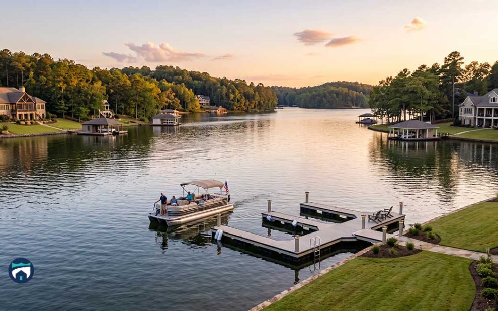 Pontoon boat with people on a calm lake at sunset, with shoreline homes and a wooden dock nearby.