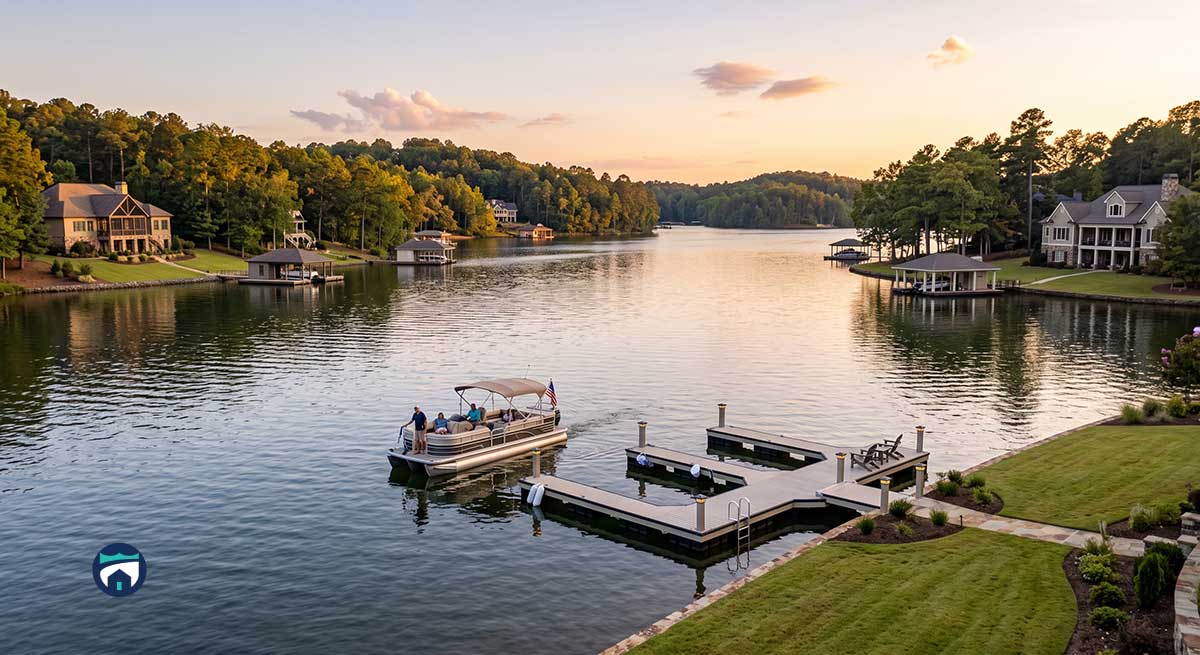 Lake Oconee Second Home Management: Routine Oversight for Lake Homes Between Visits - Property Stewards Pontoon boat with people on a calm lake at sunset, with shoreline homes and a wooden dock nearby.