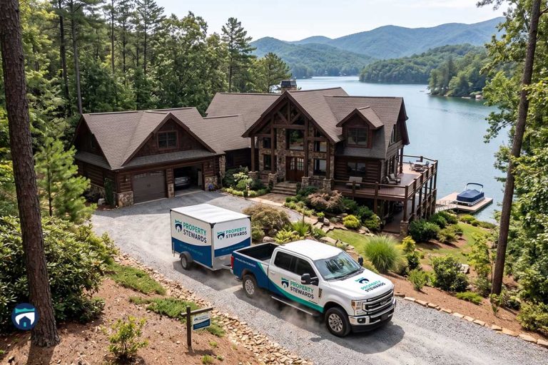 Lakeside log cabin with a gravel driveway, pines, and a white pickup pulling a Property Stewards trailer in front of the house.