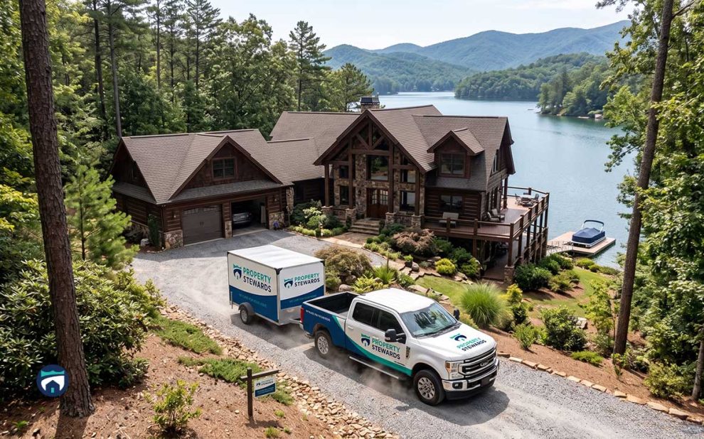 Lakeside log cabin with a gravel driveway, pines, and a white pickup pulling a Property Stewards trailer in front of the house.
