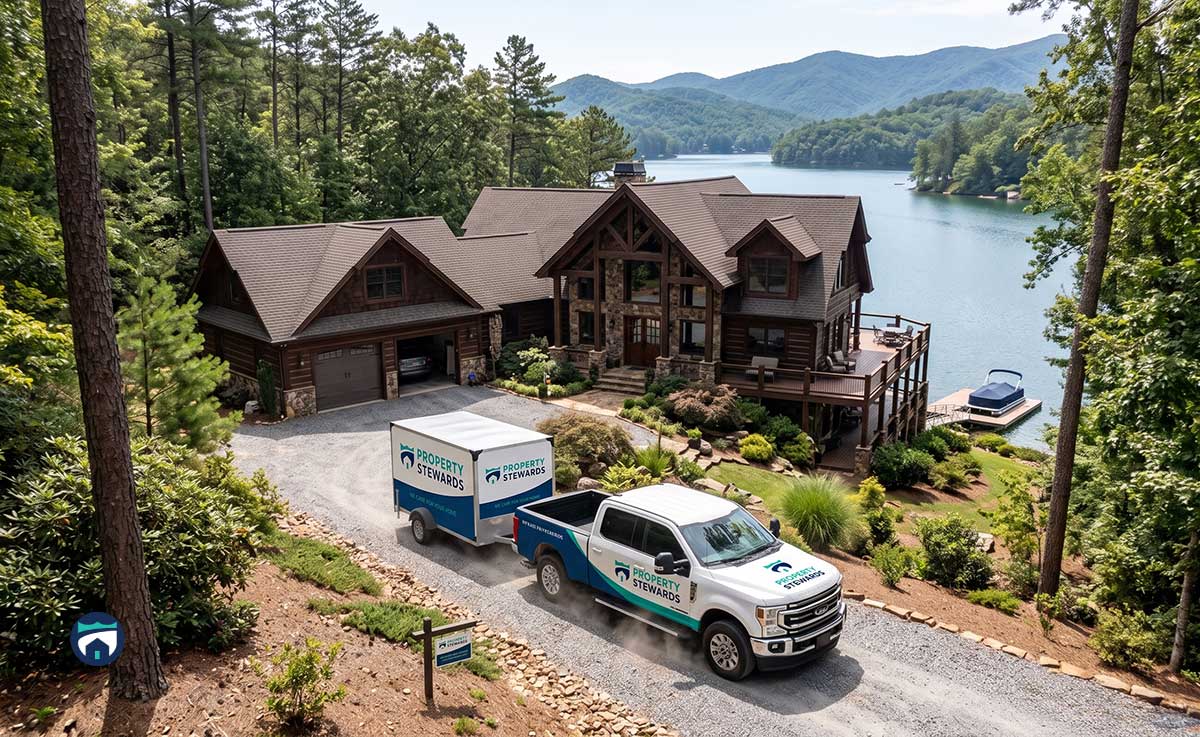 Lakeside log cabin with a gravel driveway, pines, and a white pickup pulling a Property Stewards trailer in front of the house.