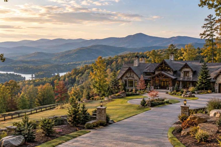 Luxury stone-and-wood house perched on a hillside with a curved driveway and autumn-colored trees, overlooking distant mountains.