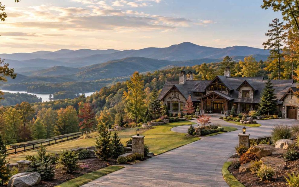Luxury stone-and-wood house perched on a hillside with a curved driveway and autumn-colored trees, overlooking distant mountains.