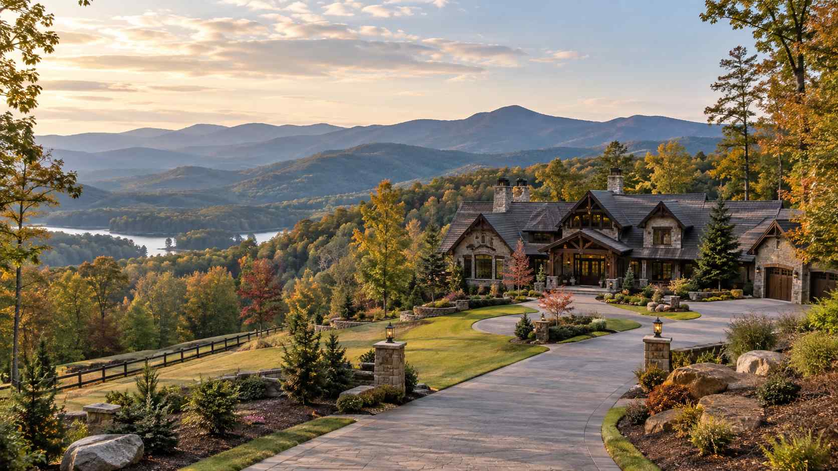 Are Luxury Home Management Services Worth It for a Northeast Georgia Getaway Home - Property Stewards Luxury stone-and-wood house perched on a hillside with a curved driveway and autumn-colored trees, overlooking distant mountains.