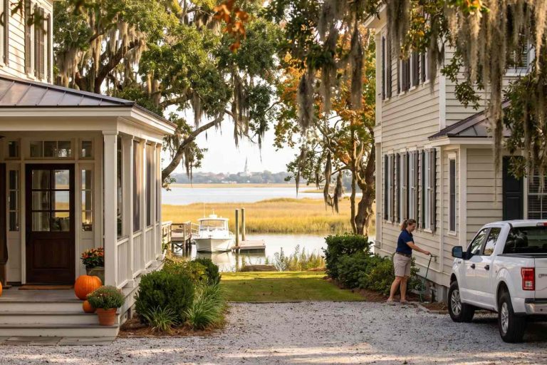 Charleston Fall Weekends Coastal Home Oversight Before Guests Arrive Front yard between two white houses with pumpkins on steps, leading to a marina and a docked boat in the distance by calm water.