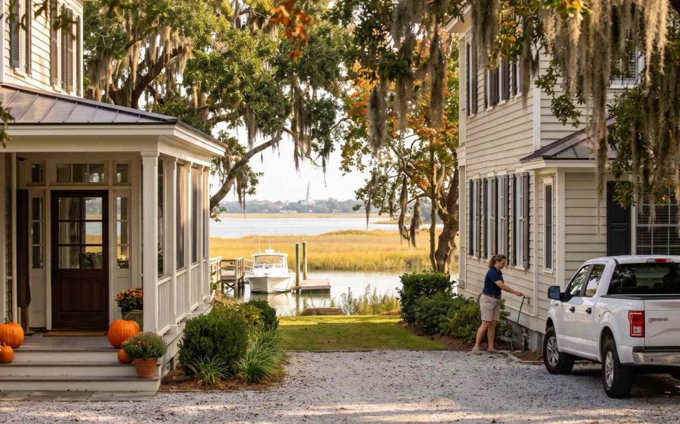 Front yard between two white houses with pumpkins on steps, leading to a marina and a docked boat in the distance by calm water.