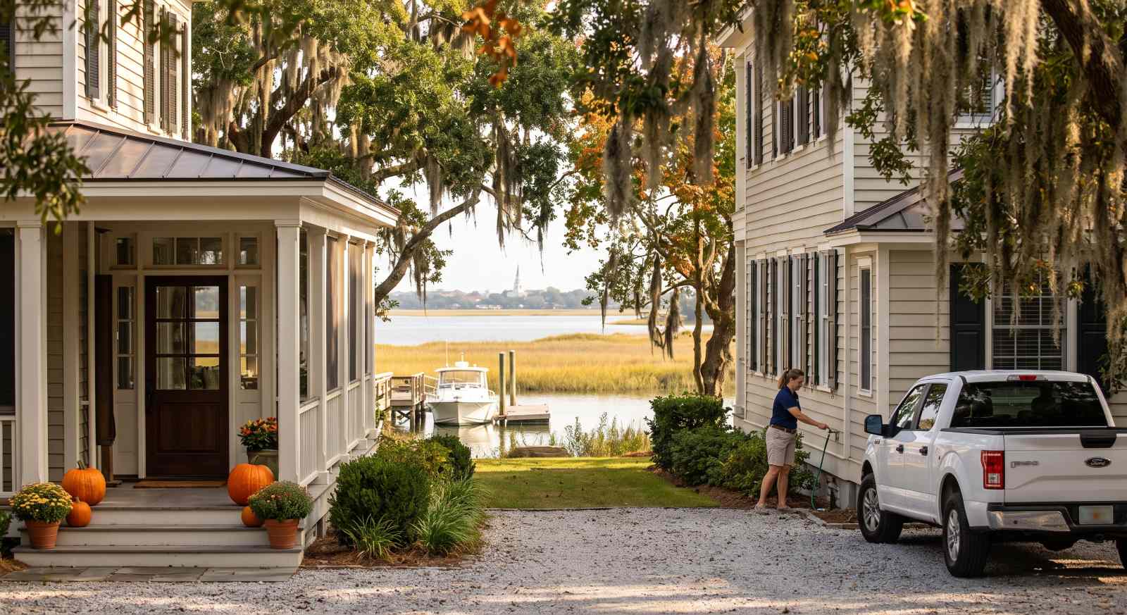 Charleston Fall Weekends Coastal Home Oversight Before Guests Arrive - Property Stewards Front yard between two white houses with pumpkins on steps, leading to a marina and a docked boat in the distance by calm water.