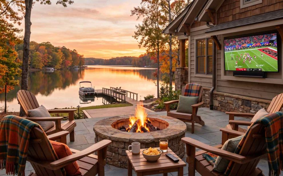 Lakeside patio at sunset with a stone fire pit, four wooden chairs draped in plaid blankets, and a TV showing a football game on the house wall overlooking a docked lake.