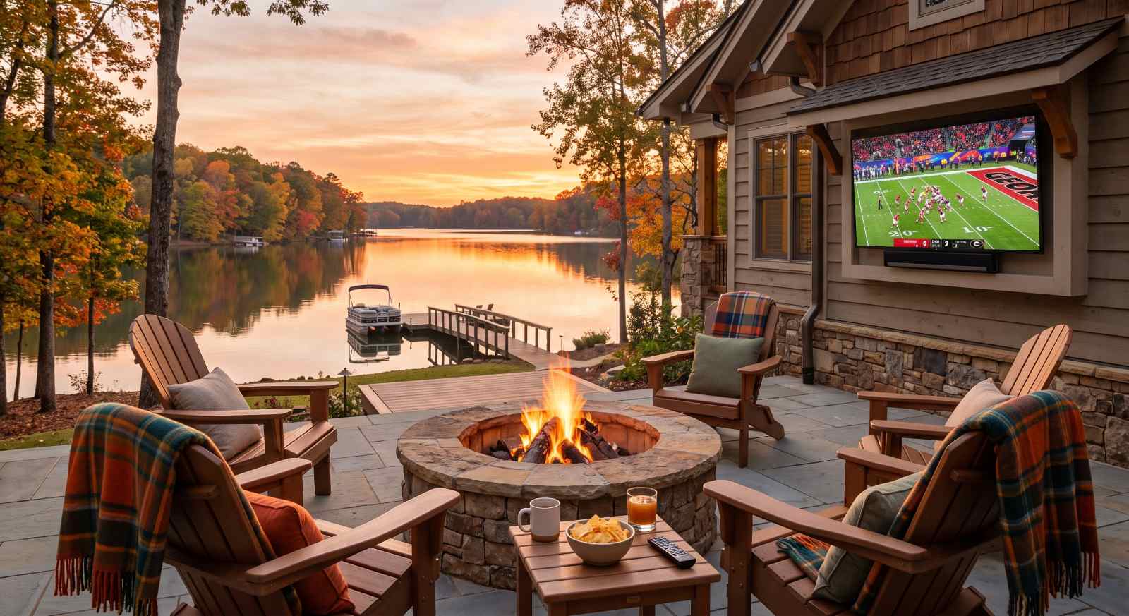 Football Firepits and Lake Weekends Getting Your Lake Oconee Home Ready for Fall - Property Stewards Lakeside patio at sunset with a stone fire pit, four wooden chairs draped in plaid blankets, and a TV showing a football game on the house wall overlooking a docked lake.