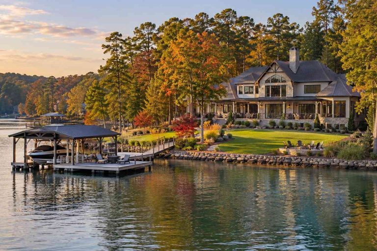 Lakeside luxury home with a dock, boat, and autumn trees along the shore.