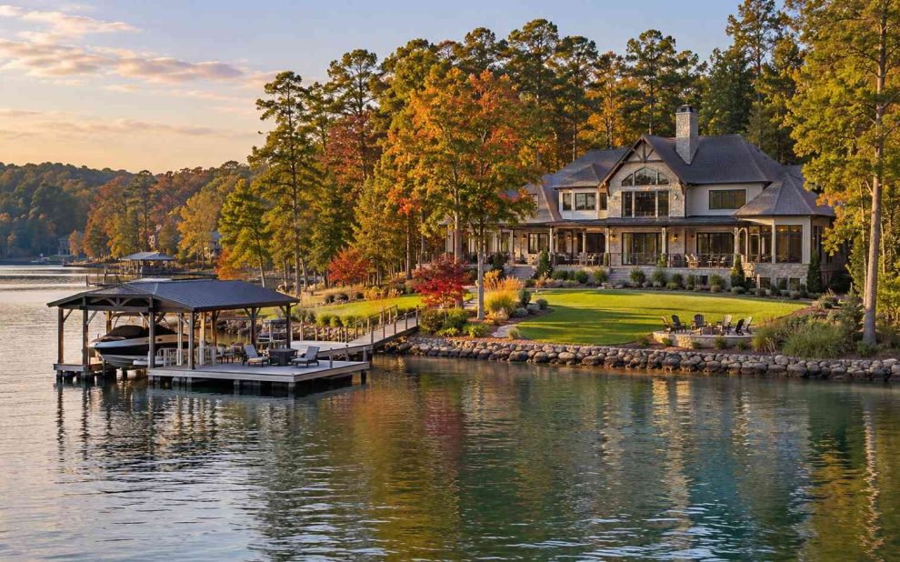 Lakeside luxury home with a dock, boat, and autumn trees along the shore.
