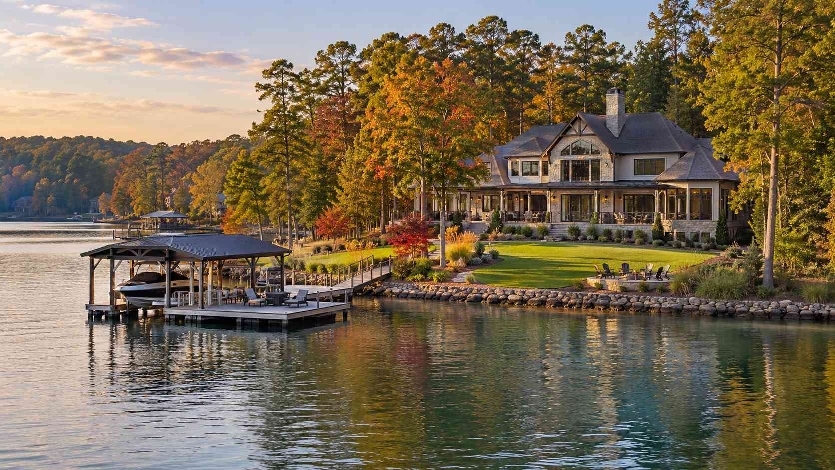 How to Compare Luxury Lake Home Management Options at Lake Oconee - Property Stewards Lakeside luxury home with a dock, boat, and autumn trees along the shore.