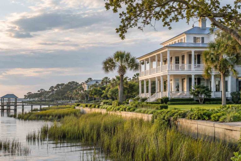 White two-story coastal house with a wraparound porch along a marshy waterfront, palm trees, and a wooden dock extending into calm water.