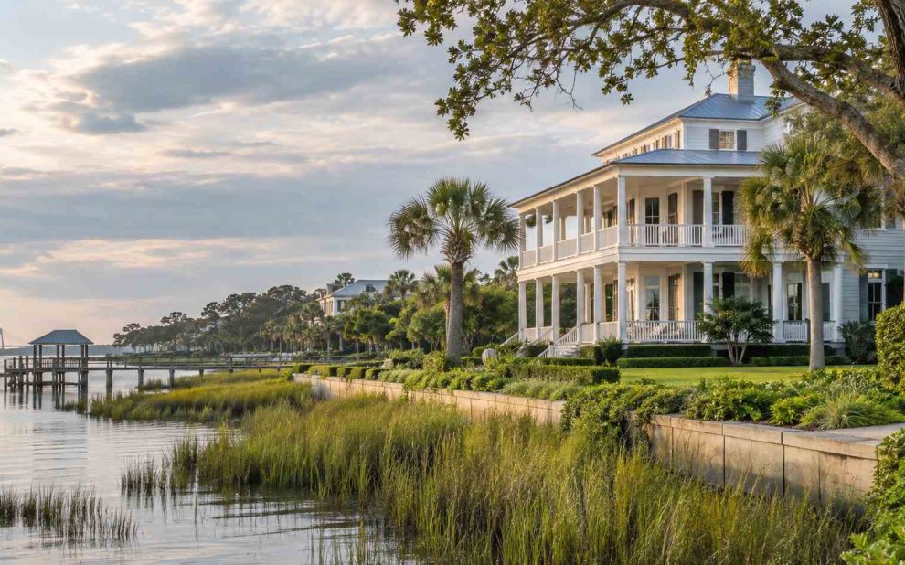 White two-story coastal house with a wraparound porch along a marshy waterfront, palm trees, and a wooden dock extending into calm water.