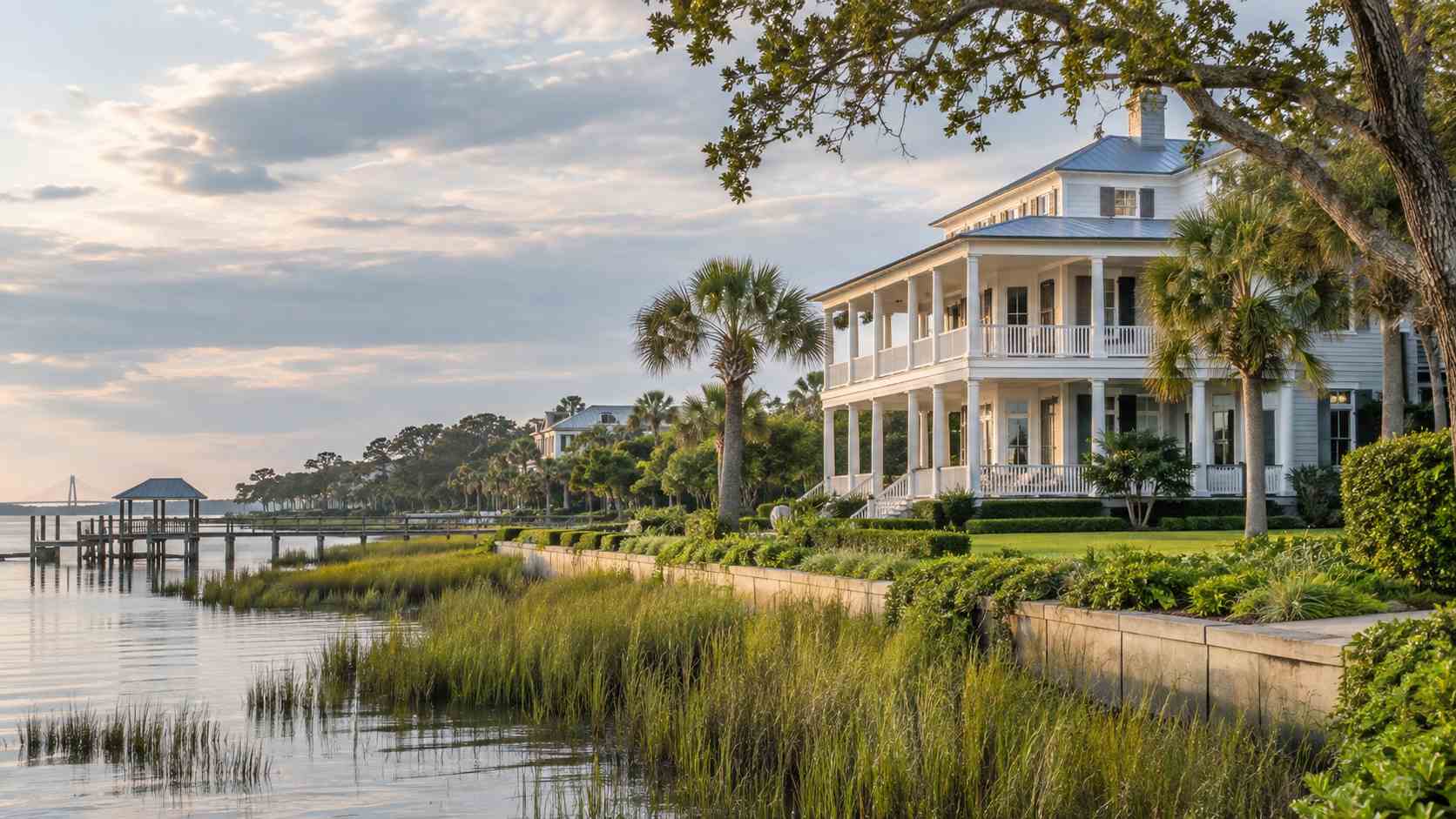 Luxury Coastal Home Management in Charleston Property Care Repairs and Guest Readiness - Property Stewards White two-story coastal house with a wraparound porch along a marshy waterfront, palm trees, and a wooden dock extending into calm water.