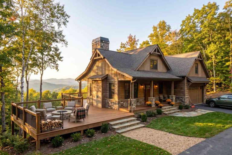 Cozy wooden mountain cabin with a large deck and stone columns, autumn trees surround the house, and a car in the driveway.