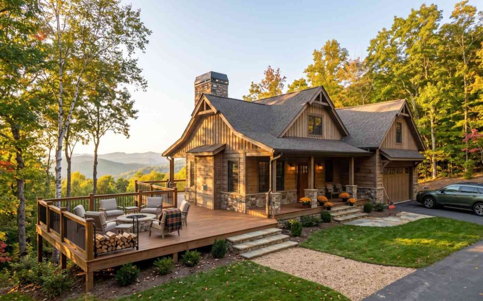 Cozy wooden mountain cabin with a large deck and stone columns, autumn trees surround the house, and a car in the driveway.