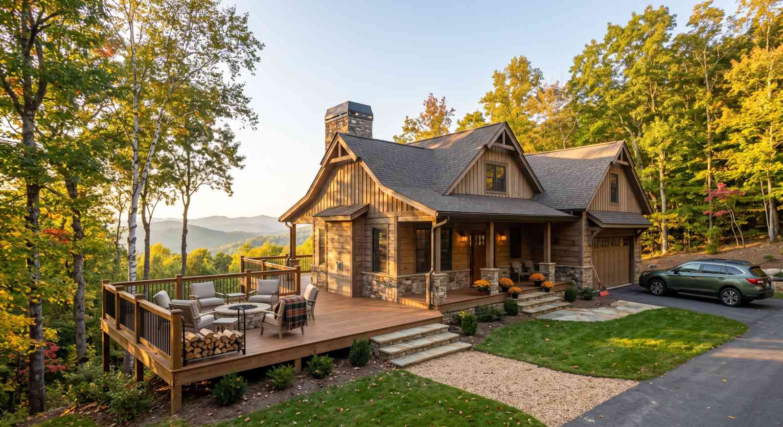 Mountain Home Prep for Fall Guests and Cooler Weather - Property Stewards Cozy wooden mountain cabin with a large deck and stone columns, autumn trees surround the house, and a car in the driveway.