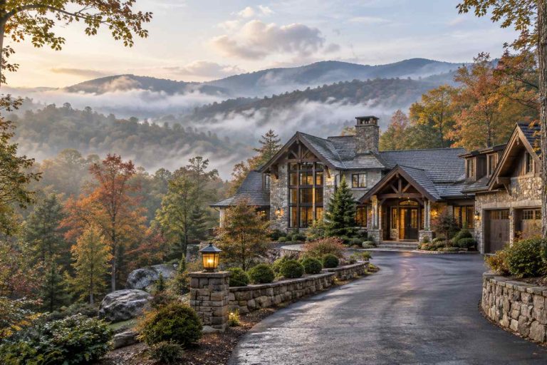 Luxurious stone mansion in autumn with misty valley and mountains in the background, lit driveway leading to the entrance