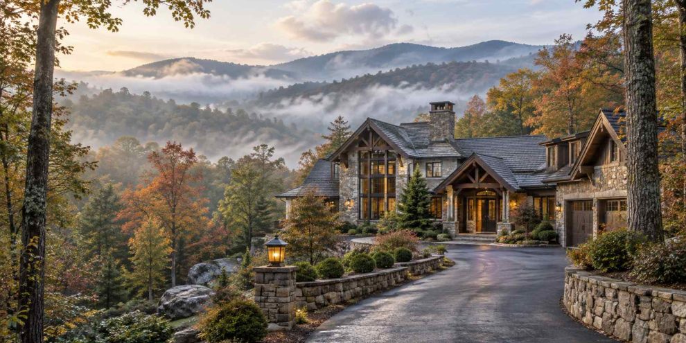 Luxurious stone mansion in autumn with misty valley and mountains in the background, lit driveway leading to the entrance