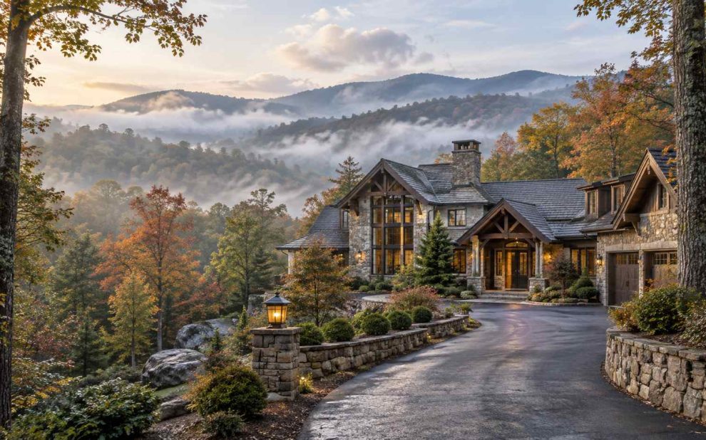 Luxurious stone mansion in autumn with misty valley and mountains in the background, lit driveway leading to the entrance