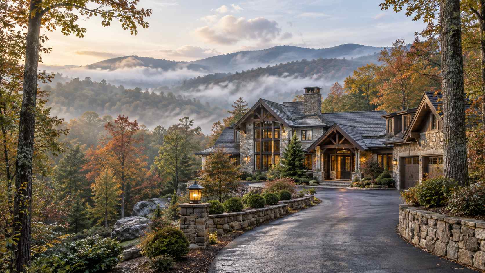 What Should Luxury Mountain Home Management Include in Highlands - Property Stewards Luxurious stone mansion in autumn with misty valley and mountains in the background, lit driveway leading to the entrance