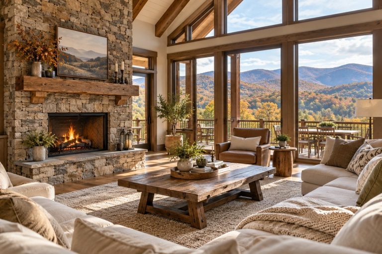 Clean upscale Northeast Georgia mountain home living room prepared for getaway homeowners returning between visits.