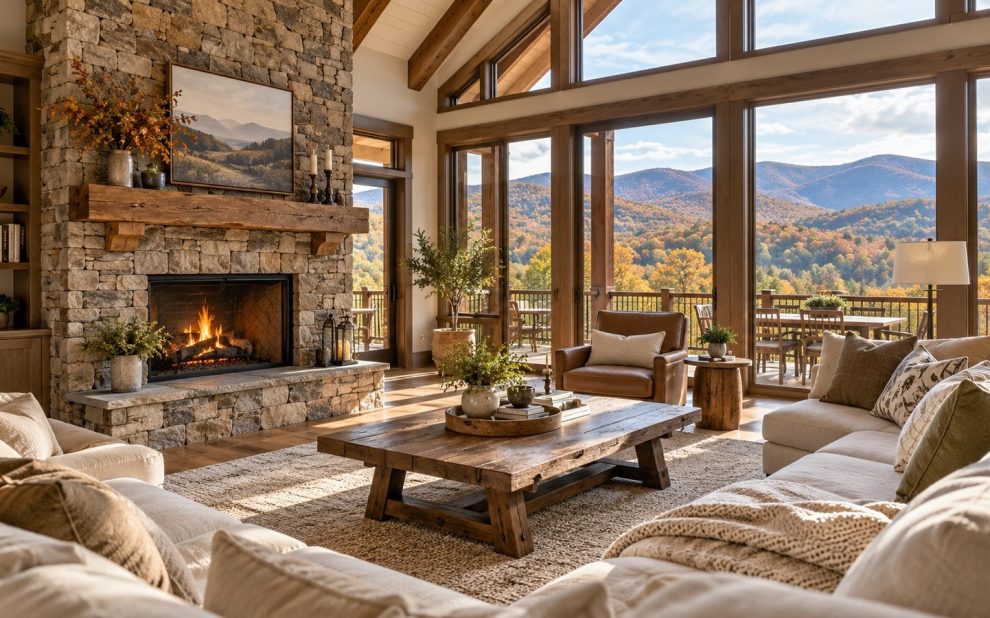 Clean upscale Northeast Georgia mountain home living room prepared for getaway homeowners returning between visits.