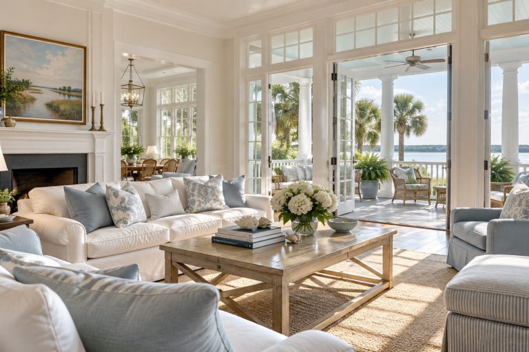 Bright Charleston coastal home living room cleaned and prepared for owners and guests arriving between visits.