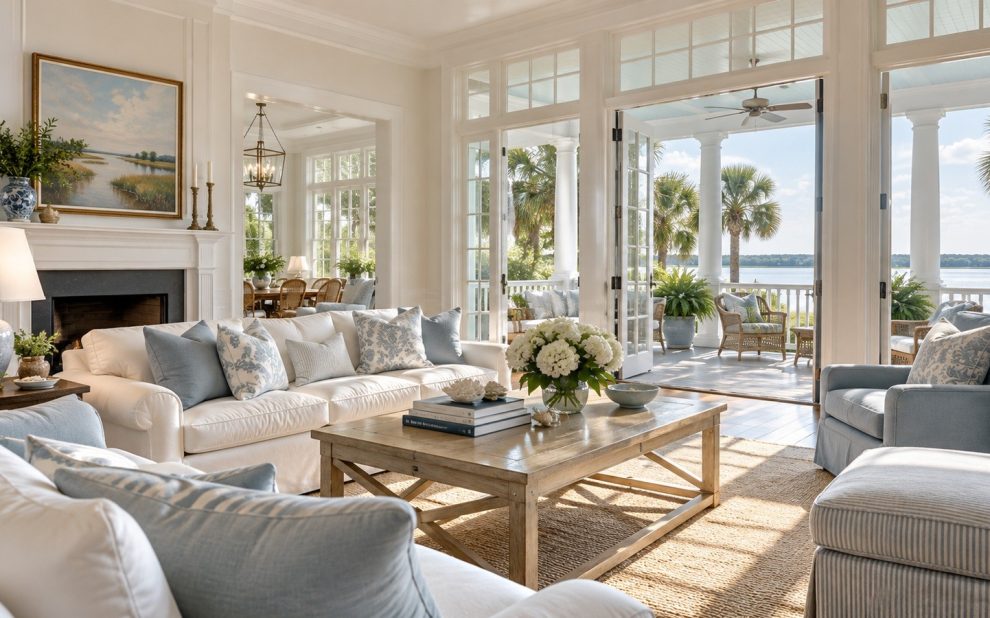 Bright Charleston coastal home living room cleaned and prepared for owners and guests arriving between visits.