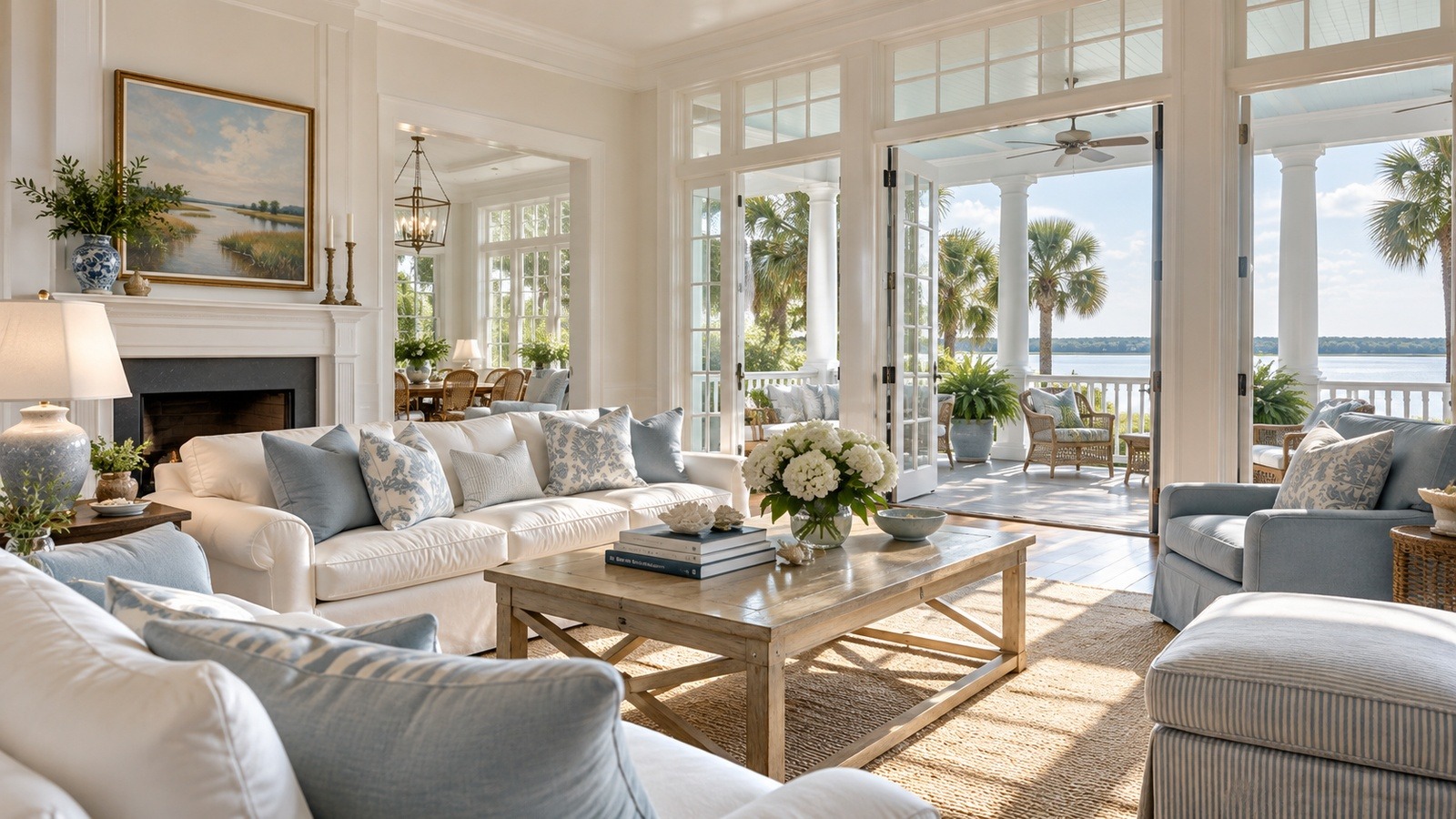 Bright Charleston coastal home living room cleaned and prepared for owners and guests arriving between visits.