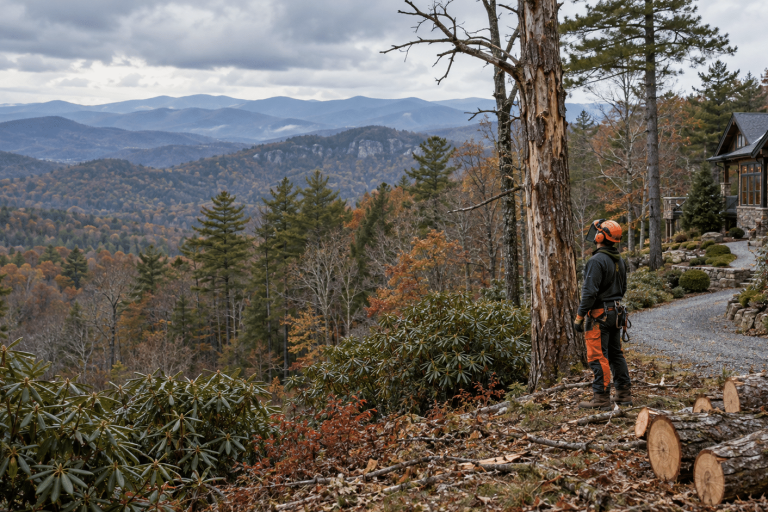 Tree-care professional assessing a tree beside a mountain home overlooking wooded Blue Ridge ridges