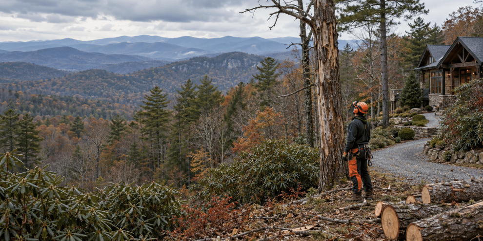 Tree-care professional assessing a tree beside a mountain home overlooking wooded Blue Ridge ridges