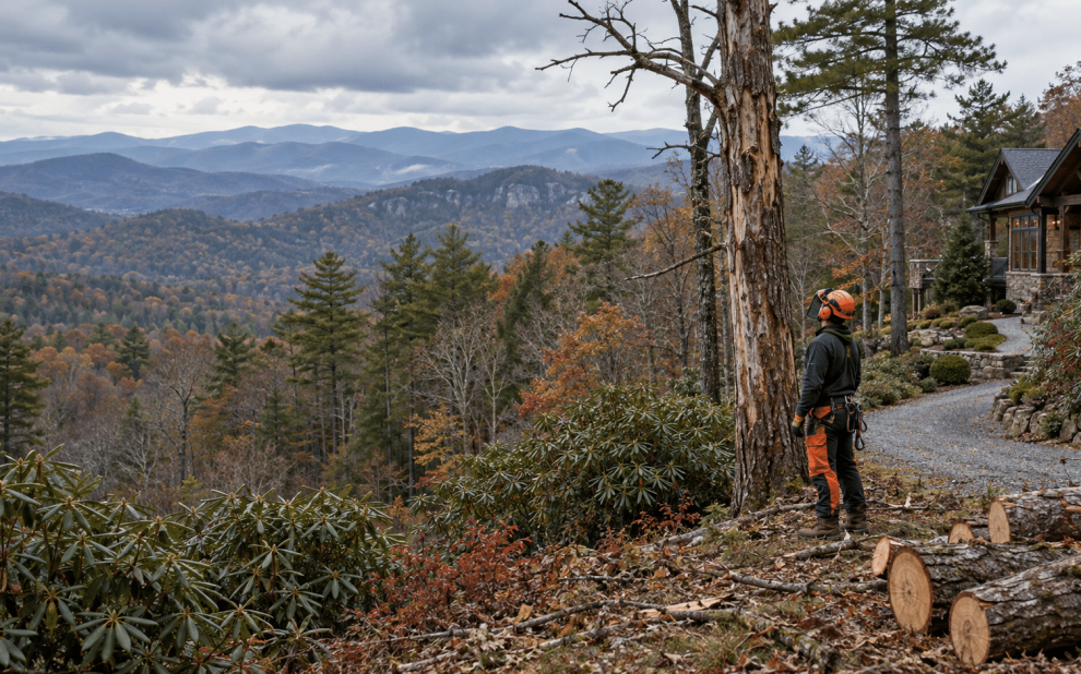 Tree-care professional assessing a tree beside a mountain home overlooking wooded Blue Ridge ridges