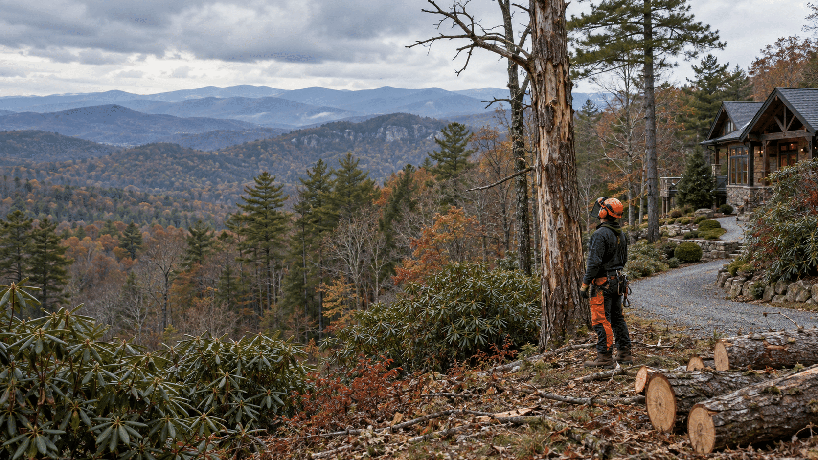 Highlands Mountain Home Tree Removal Before Severe Weather - Property Stewards Tree-care professional assessing a tree beside a mountain home overlooking wooded Blue Ridge ridges